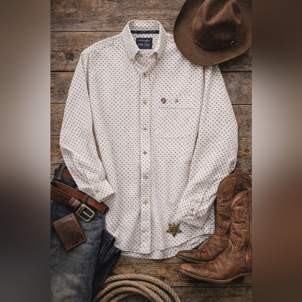 Wrangler George Strait White W/burnt Orange Stars L Sleeve Button Shirt. Mens XL